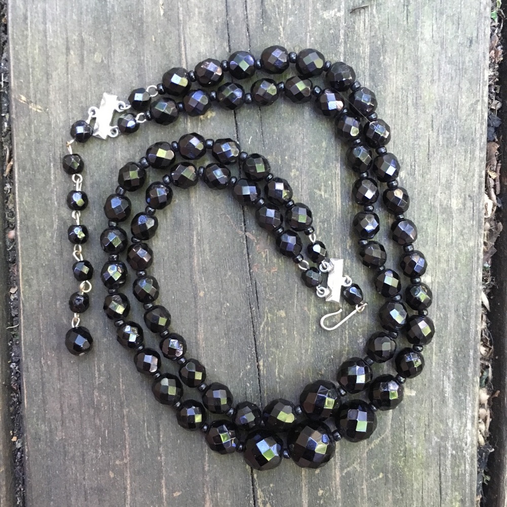 Vintage Black Glass Beads Double Stranded Necklace - Picture 4 of 9